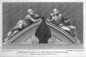 Black and white print of two muscly semi-nude figures reclining on an architectural feature