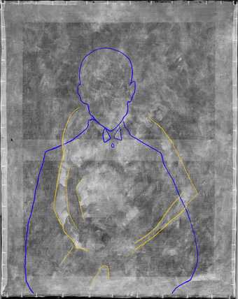 X-radiograph with blue lines indicating the outlines of the final portrait and yellow lines corresponding to the sketch of the underlying portrait