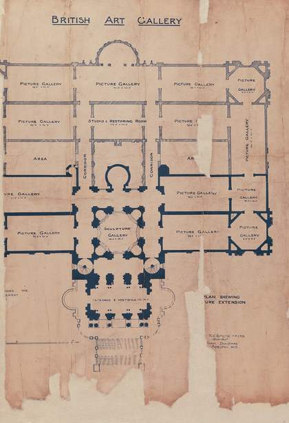 Image of an old document with some damage tha tshows the partial floor plan of the 1898 Tate Britain extension.