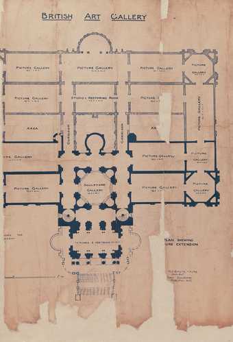 Image of an old document with some damage tha tshows the partial floor plan of the 1898 Tate Britain extension.