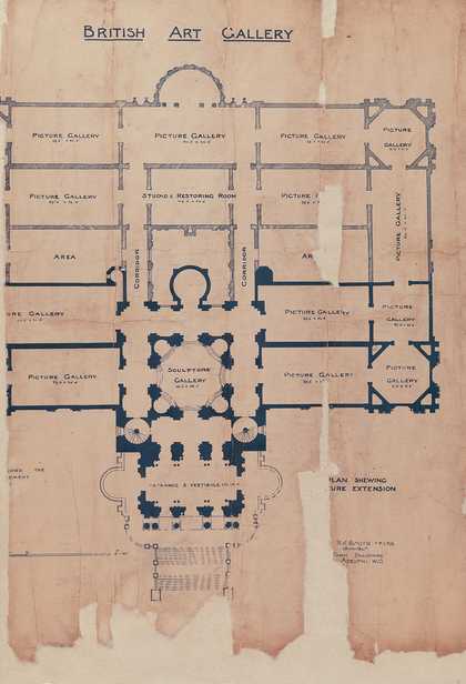 Image of an old document with some damage tha tshows the partial floor plan of the 1898 Tate Britain extension.