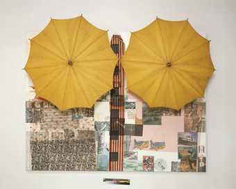 Robert Rauschenberg, Untitled (Spread) 1983. Medium Solvent transfer, acrylic and collage on wood panel, with umbrellas,1886 x 2457 x 889 mm © Robert Rauschenberg Foundation