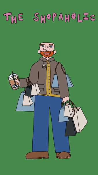 a digital drawing of a person with bags. The words above them say 'the shopaholic'