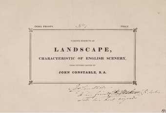 The frontispiece of an edition of Constable’s English Landscape, with the title and author printed in the centre and a hand-written dedication to C.R. Leslie in black ink in the lower right corner.