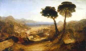Painting of hills painted in yellow and gold earthy tones leading to the sea in the middle. Two figures in the foreground on the left sit in the shadow cast by two tall trees on the right.