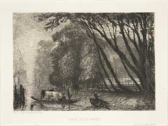 An etching of a river scene with two rowing boats, one of which carries two horses, one white one black. Slanting trees lean across the river. A windmill is just visible in the distance down the river on the left-hand side.