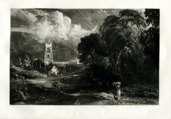 A black and white print of a wooded landscape scene with dark trees on the right, grass and figures in the foreground, and a church and white clouds in the distance.