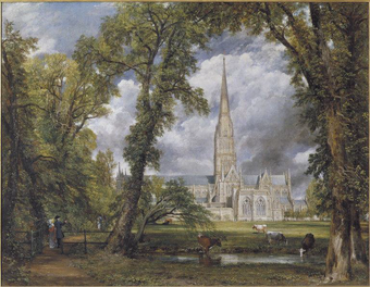 A detailed painting of Salisbury Cathedral with the spire in the middle of an arch made by tall leaning trees. In the foreground are figures, a stream and animals.