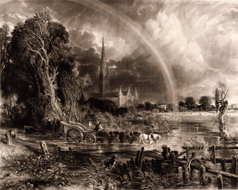 A black and white print showing a water meadow, with large trees on the left, a figure on a horse-drawn cart in the centre, and a cathedral in the distance that is framed by a large rainbow and clouds.