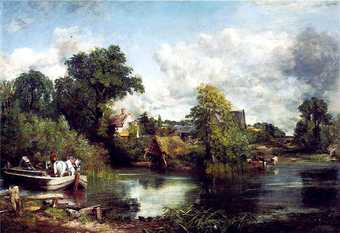 Painting of a river scene with trees and thatched buildings in the middle. A barge with a white horse appears on the left, and livestock stand at the edge of the water on the right.