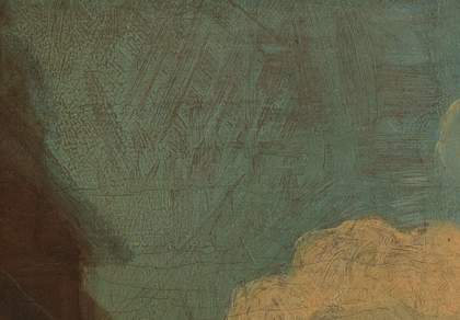 Small detail showing reddish-brown paint beneath the blue sky