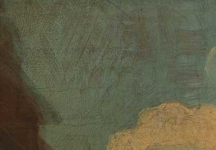 Small detail showing reddish-brown paint beneath the blue sky
