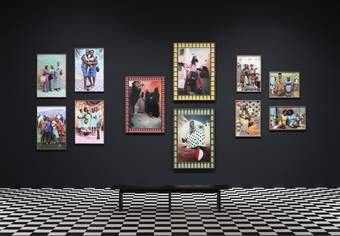 A group of vibrantly coloured photographs hang on a dark navy gallery wall. The floor is a covered in a black and white tile pattern.