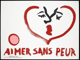 Two faces kissing and merged in the shape of a heart with the words "Aimer sans peur" [love without fear]; one of a series of posters representing an advertisement for a competition for posters of images against AIDS