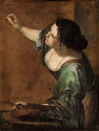 Painting of a woman in the act of painting. She is side-on to the viewer, wearing historic dress, holding a paint palette in her left hand with her right arm raised with a paint brush in hand in the act of painting on the canvas behind and to her right.