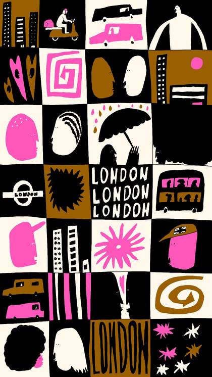 illustrated tiled image with the words 'london' amonst portraits, vehciles, buidlings, hearts, stars and umbrellasand white