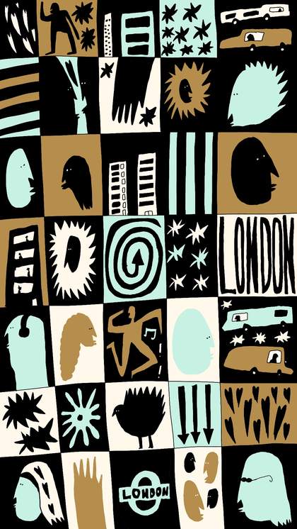 illustrated tiled image with the words 'london' amonst portraits, vehciles, buidlings, hearts, stars and umbrellasand white