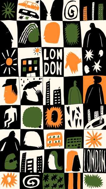 illustrated tiled image with the words 'london' amonst portraits, vehciles, buidlings, hearts, stars and suns