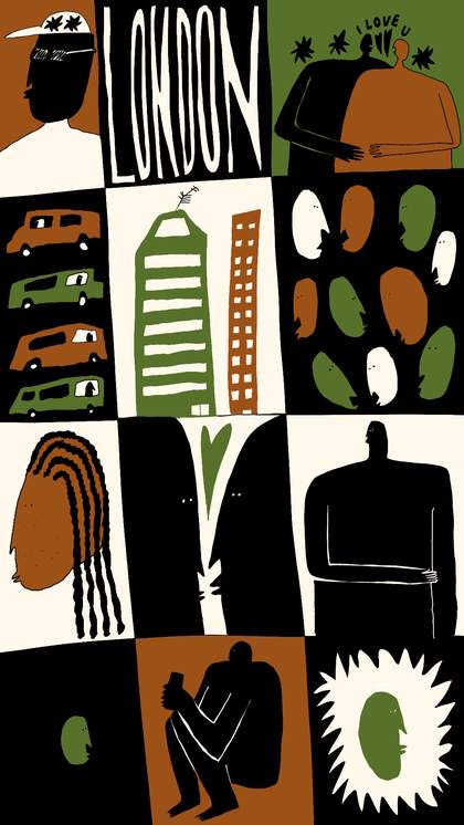 illustrated tiled image of portraits, vechiles and people amongst the word 'London'