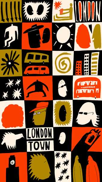 illustrated tiled image with the words 'london', portraits, stairs and arrows