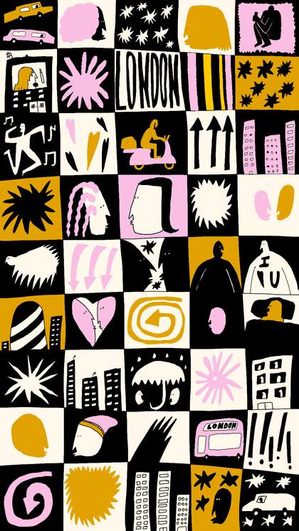 illustrated tiles image of portraits, stars, arrows, buildings and cars