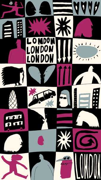 illustrated tiles of people, cars, stars and buses amonst the word 'london'