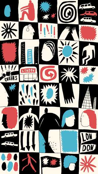 illustrated tiled image of people, buses, arrows, symbols and cars amongst the words 'London'