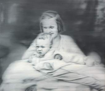 Oil painting of a baby and young child in black and white