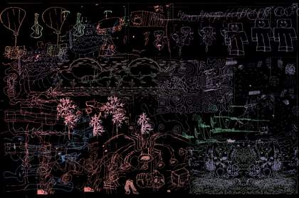A colourful line drawing with repeated elements on a black background