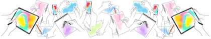 Colourful line drawing of many hands drawing in sketchpads