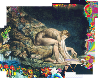 A reproduction of William Blake’s ‘Newton’, which features a naked person sitting on a rock, measuring a triangle on the ground. The edges of the image have been altered, with sections missing as if it is a work in progress in editing software