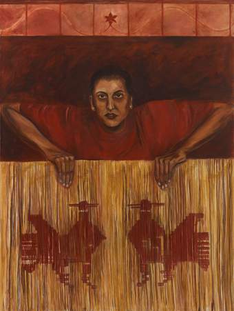 A painting of a woman in a red t-shirt gripping and leaning over a barrier