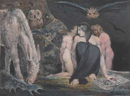A figure crouched down in a fantasy scene with fantastic animals.