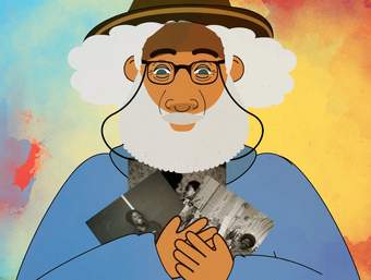 An illustration of Charlie Phillips shows a man with a blue jumper, brown skin and a grey beard and hair with glasses looking down at his photographs