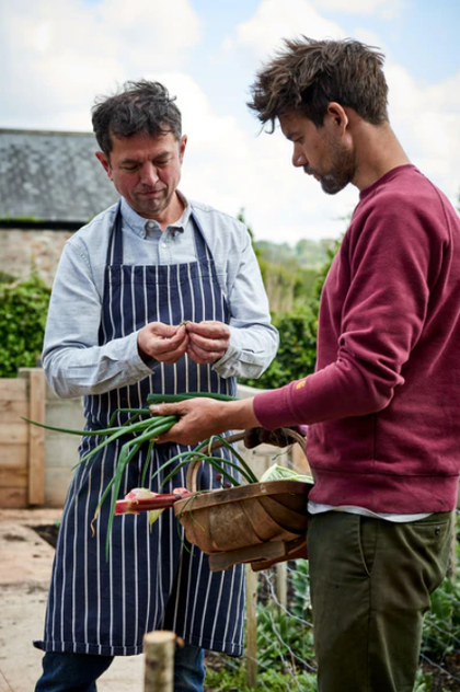 Two people collecting crops