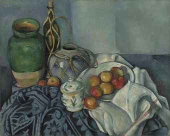 A still life painting of vessels, apples and cloth
