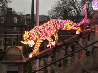 A sculpture of a tiger made with pink, yellow, and orange lights, on the steps outside Tate Britain.