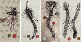 Four vertical rectangular panels, each with with ink drawings made up of energetic lines and words with occasional splatters of ink. There are also larger dots and splats, some red, some camouflage, some with brown shapes.