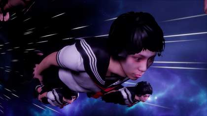 Video still showing a digital rendering of a person flying through space