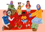 Hand-drawn colourful illustration of young people and their teachers on a rug outdoors, collecting colourful objects together