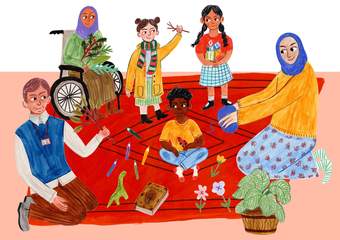 Hand-drawn colourful illustration of young people and their teachers on a rug outdoors, collecting colourful objects together