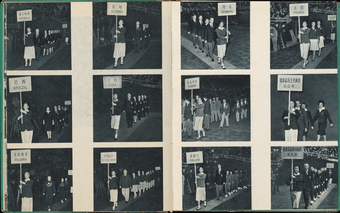 black and white archive image showing people standing in a line holding different placards in chinese and english
