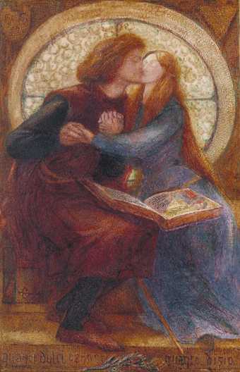 A painting of a man and a woman, Paolo and Francesca da Rimini, holding hands and kissing with a book across their laps. They are sitting behind a rounded window.