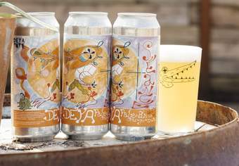 beer cans with a Klint inspired artwork on them. A beer glass has an open mouthed crocodile drawing