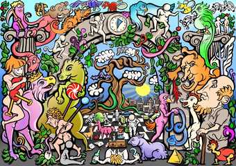 graphic style painting of a series of people, sweets and dinosaurs