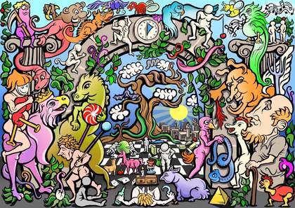 graphic style painting of a series of people, sweets and dinosaurs