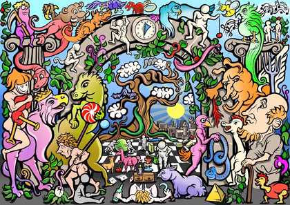 graphic style painting of a series of people, sweets and dinosaurs