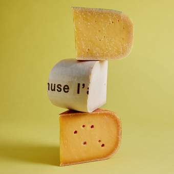 Photograph of a selection of Dutch cheeses