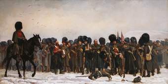 Painting of me in military uniforms lined-up in a snowy landscape looking downtrodden and dishevelled with some men clearly injured including one collapsed on the ground. In the foreground, one man is mounted on a house inspecting the troops.