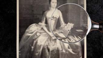 A blurred 1750 painting of a woman, with a magnifying glass revealing a clear section.